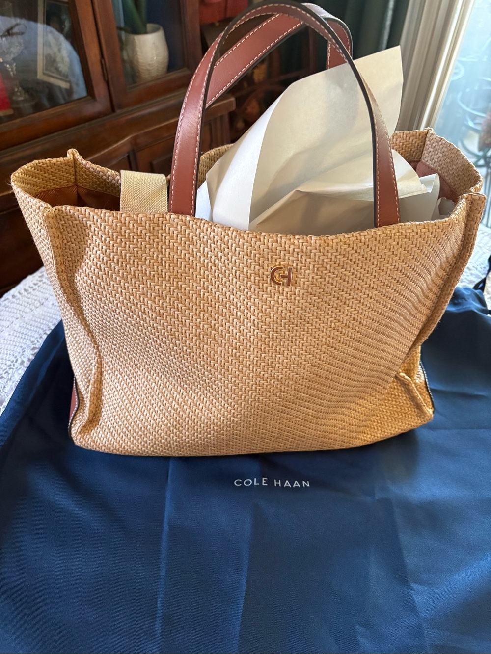 Cole Haan Woven Straw Tote with Brown Leather Handles and Tan Straps - Picture 2 of 4
